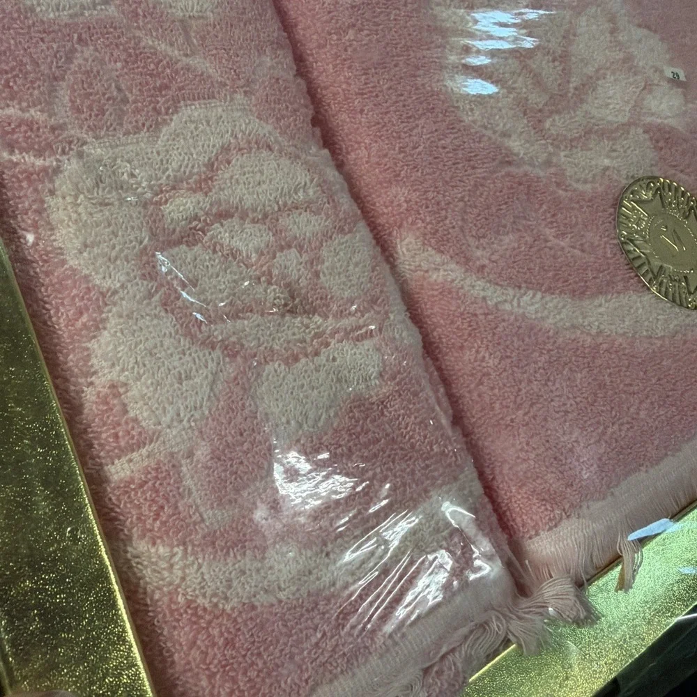 Vintage Martex 4pc Towel Set Pink Plantation Rose Fringed Cotton New Box